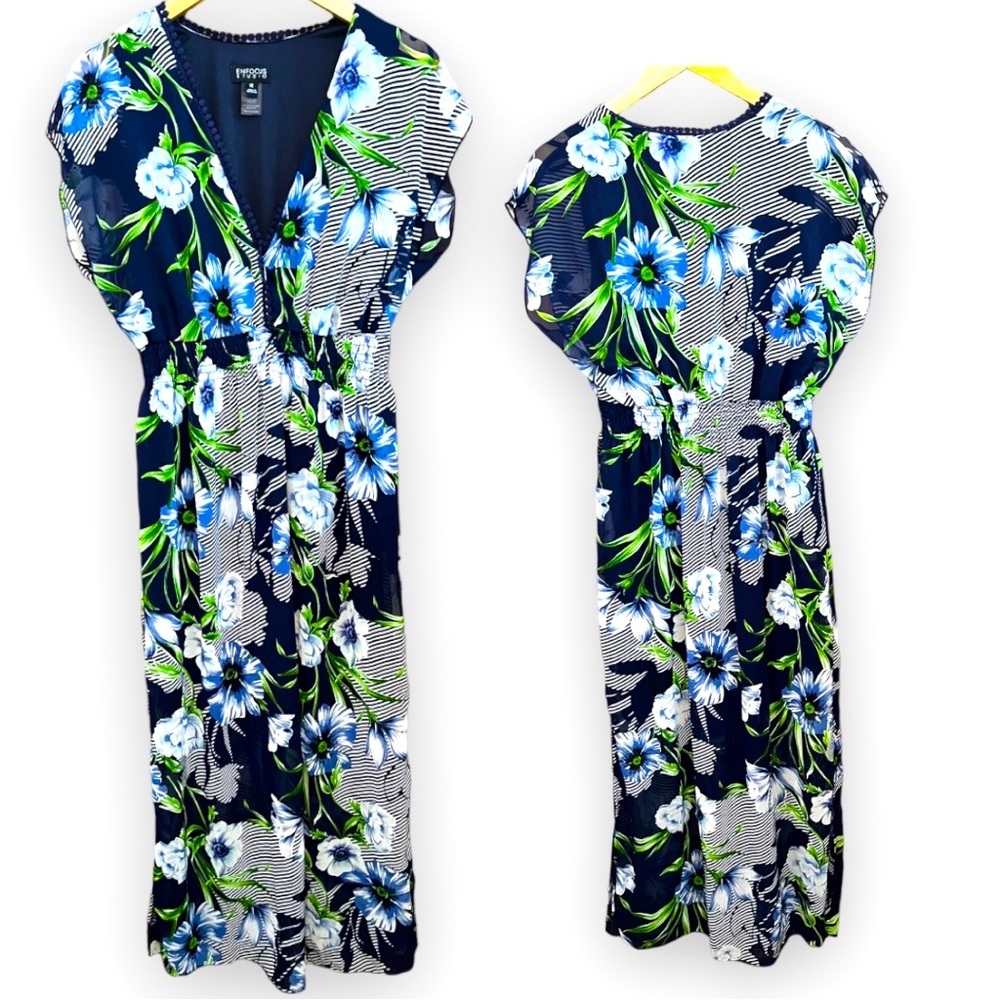 Enfocus studios navy, floral print v-Neck maxi dress, size 12